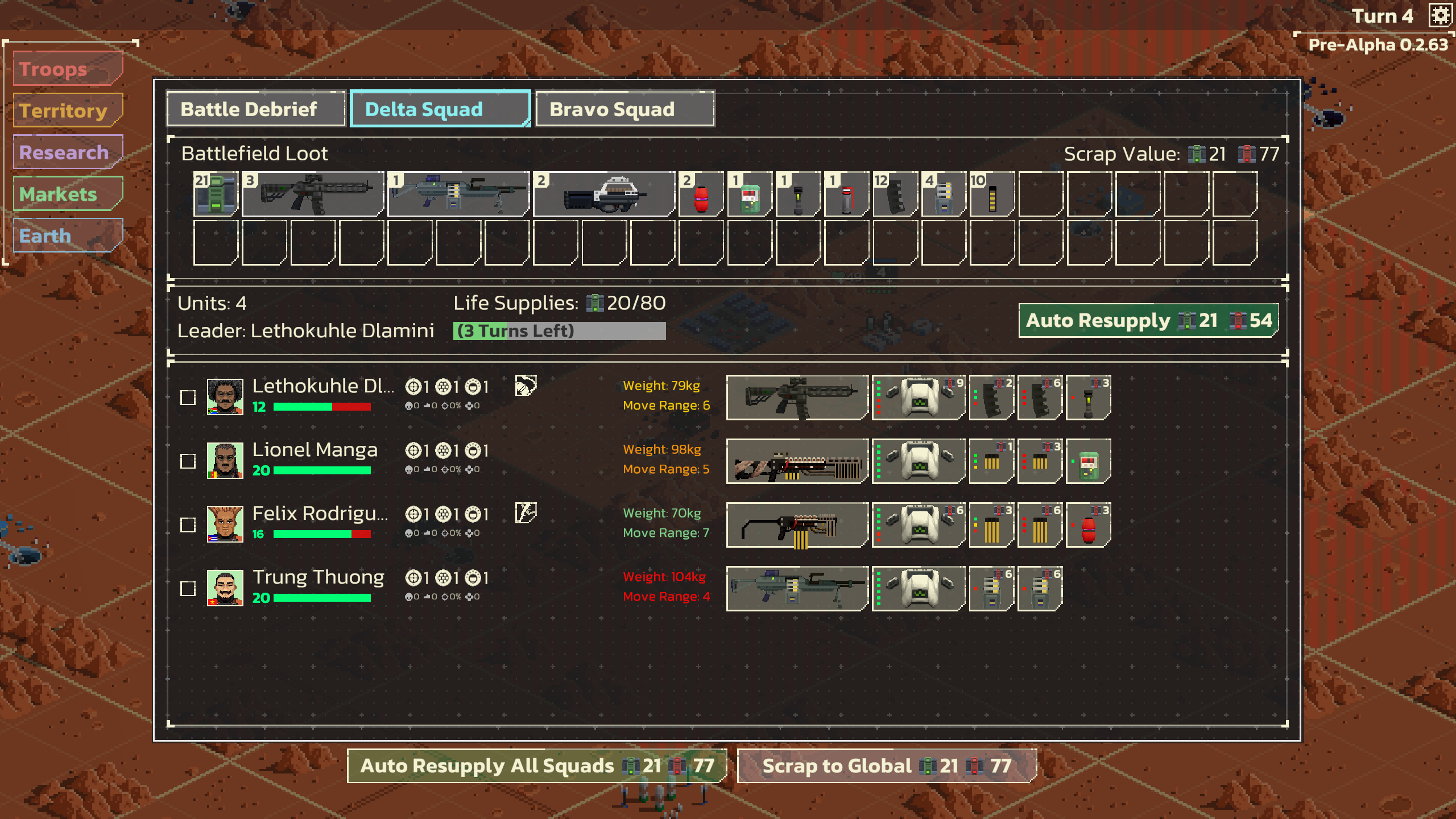 Mars Tactics squad management showing team composition and equipment